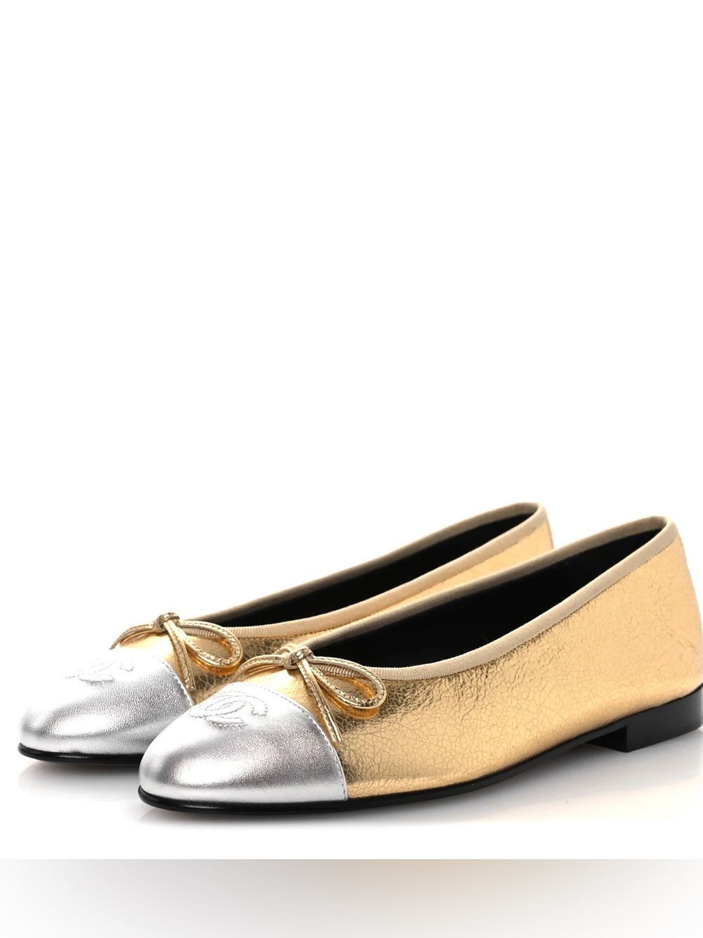 Metallic Crackled Laminated Calfskin CC Cap Toe Ballerina Flats 41 (fits US9)